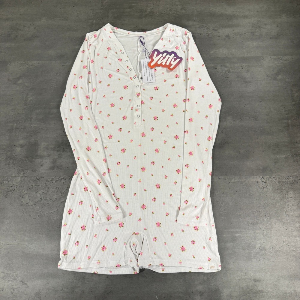 Fabletics Yitty Romper S Soft Rib Henley Onesie White Rose Garden Floral NEW $90